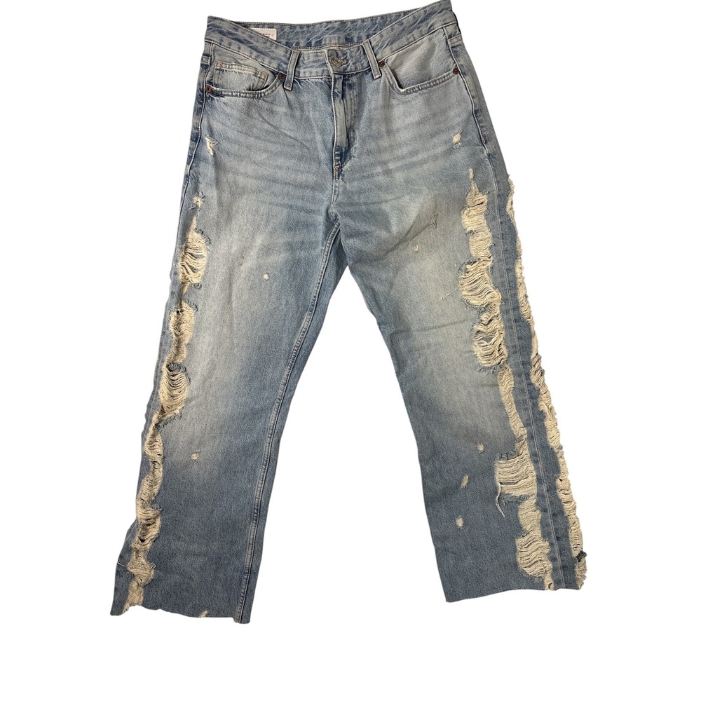 Zara Distressed Side Fray Straight Leg Jeans Light Wash Blue Size 10/32 Distress